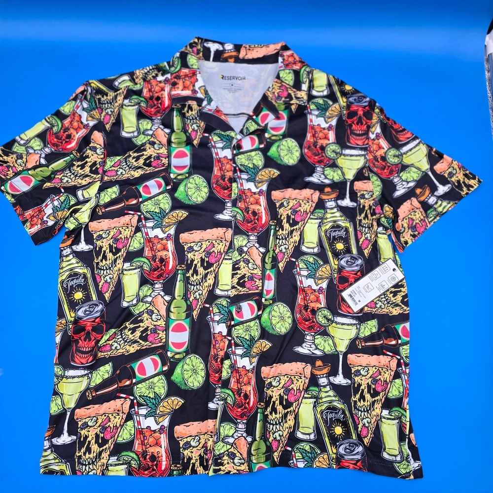 NWT RESERVOIR M Skull Pizza Tequila‎ Quick Dry Double Brushed Shirt $40 MSRP